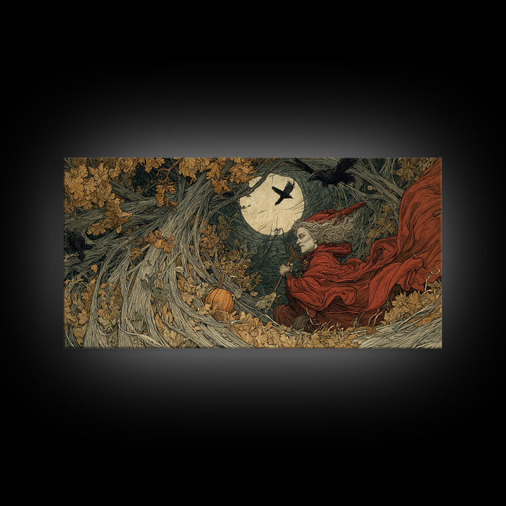 Occult Harvest Festival, Gothic Storybook Art, Wide Panoramic Art, Dark Halloween Decor, Canvas Print, Halloween Wall Art