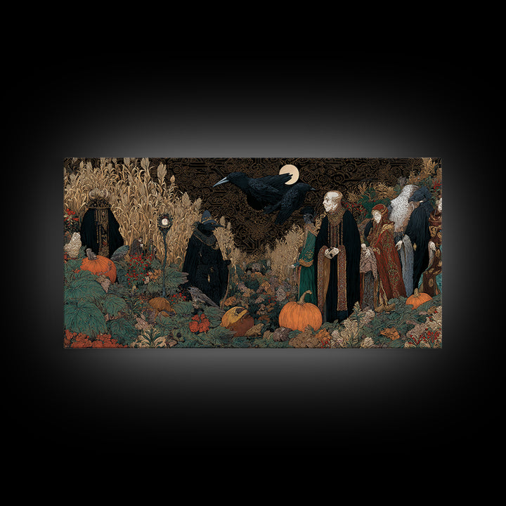 Occult Harvest Festival, Stained Glass Gothic Art, Wide Panoramic Art, Dark Fantasy Wall Art, Canvas Print, Halloween Wall Art