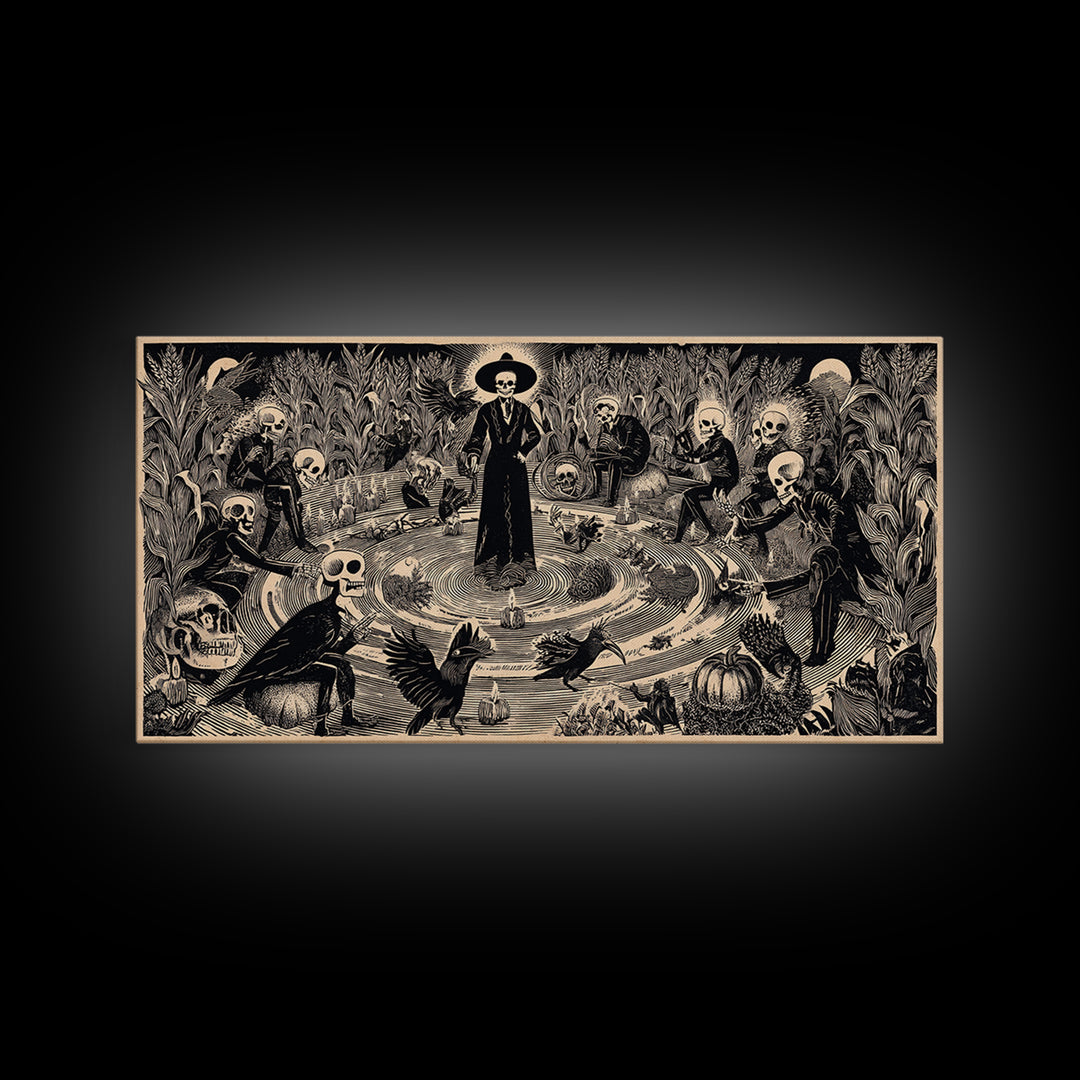 Occult Harvest Festival, Macabre Folk Print Art, Wide Panoramic Art, Macabre Wall Art, Framed Canvas Print, Halloween Wall Art