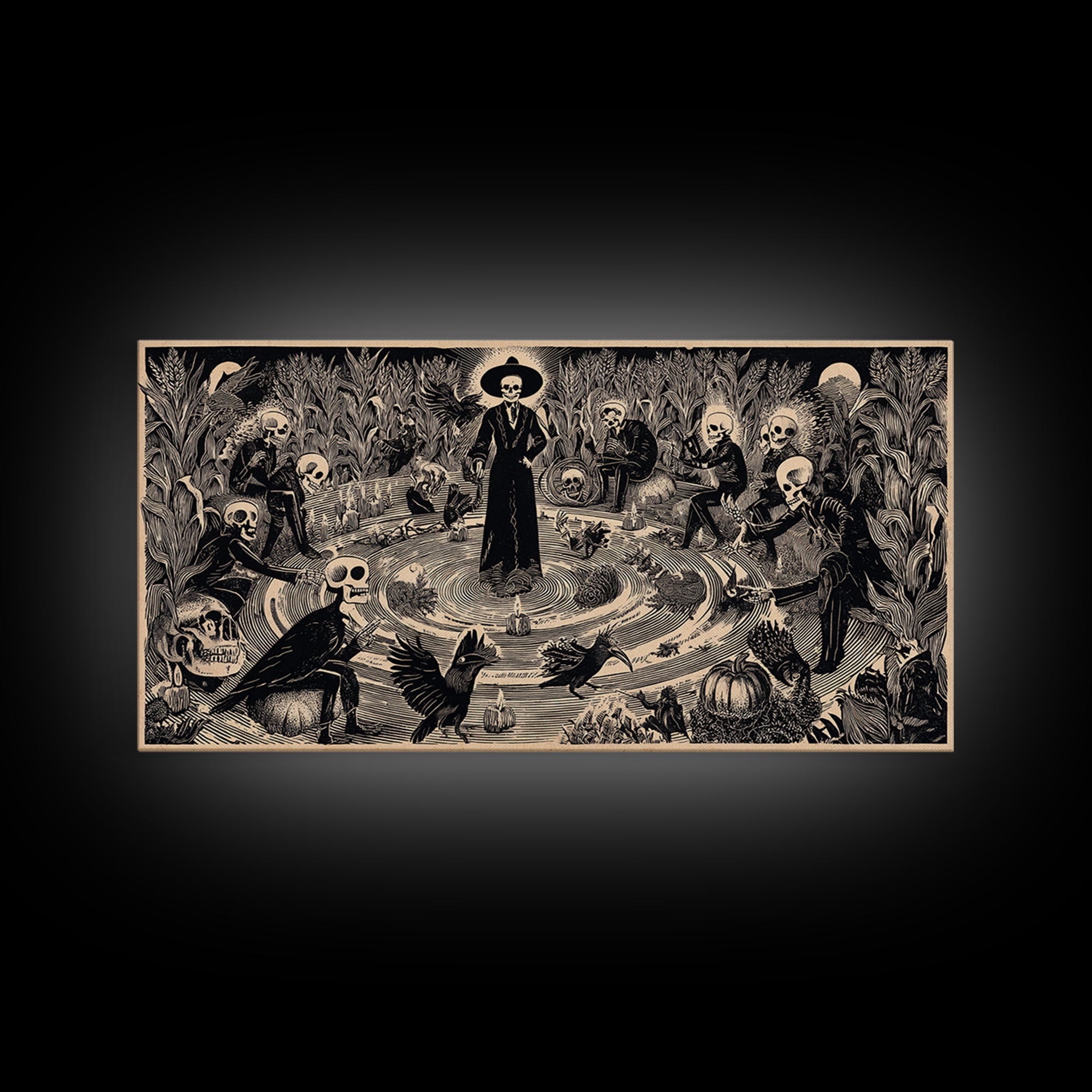 Occult Harvest Festival, Macabre Folk Print Art, Wide Panoramic Art, Macabre Wall Art, Framed Canvas Print, Halloween Wall Art