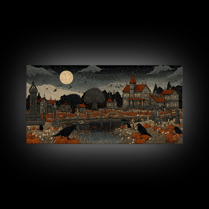 Occult Harvest Festival, Victorian Macabre Art, Wide Panoramic Art, Macabre Wall Art, Framed Canvas Print, Halloween Wall Art