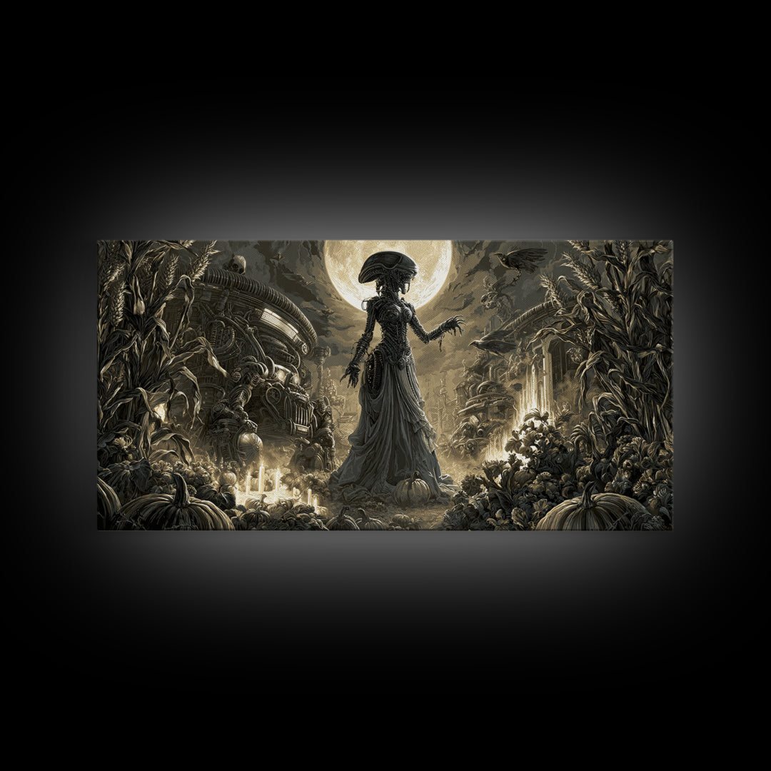 Occult Harvest Festival, Biomechanical Horror Art, Wide Panoramic Art, Gothic Horror Wall Art, Framed Canvas Print, Halloween Wall Art