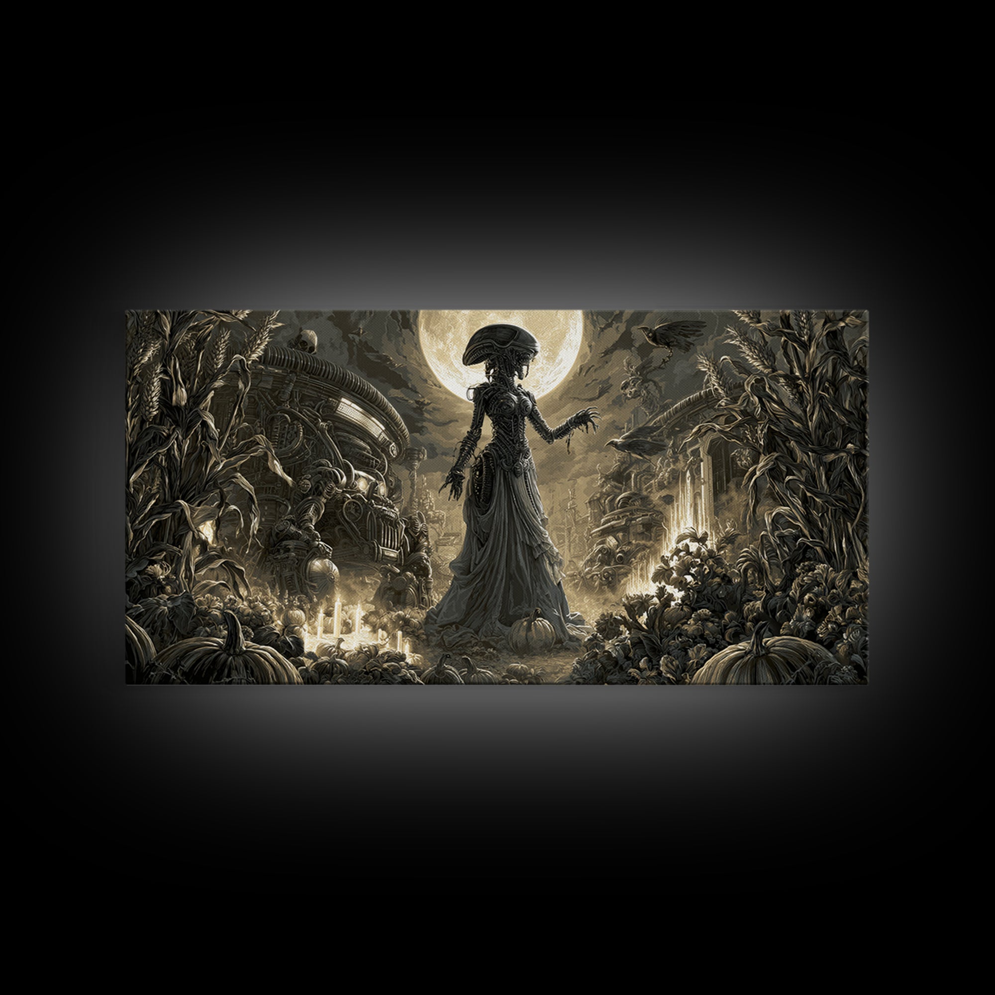 Occult Harvest Festival, Biomechanical Horror Art, Wide Panoramic Art, Gothic Horror Wall Art, Framed Canvas Print, Halloween Wall Art