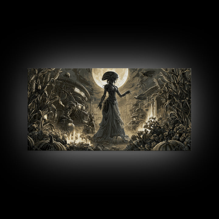 Occult Harvest Festival, Biomechanical Horror Art, Wide Panoramic Art, Gothic Horror Wall Art, Framed Canvas Print, Halloween Wall Art
