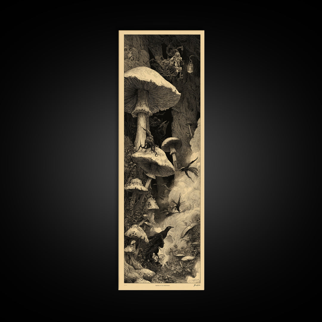 Enchanted Woodland Halloween, Gothic Engraving Art, Tall Narrow Wall Art, Macabre Wall Art, Canvas Print, Halloween Wall Art