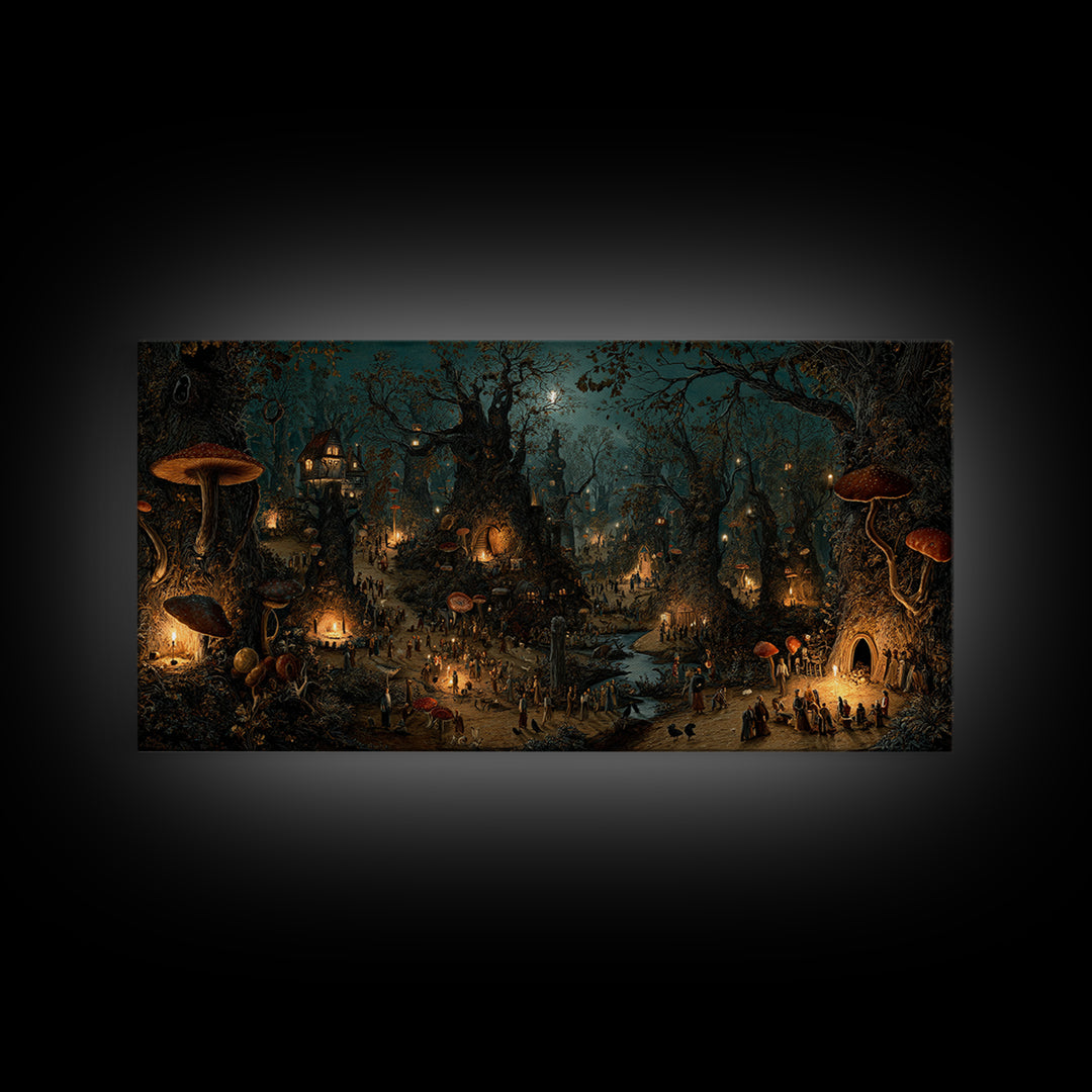 Enchanted Woodland Halloween, Northern Renaissance Horror, Wide Panoramic Art, Dark Fantasy Wall Art, Canvas Print