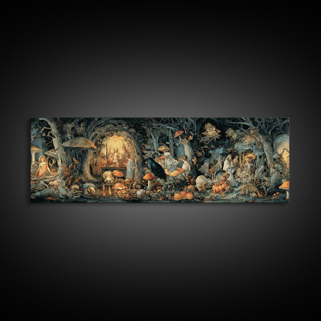 Enchanted Woodland Halloween, Dark Renaissance Art, Extra Wide Wall Art, Gothic Horror Wall Art, Canvas Print, Halloween Wall Art