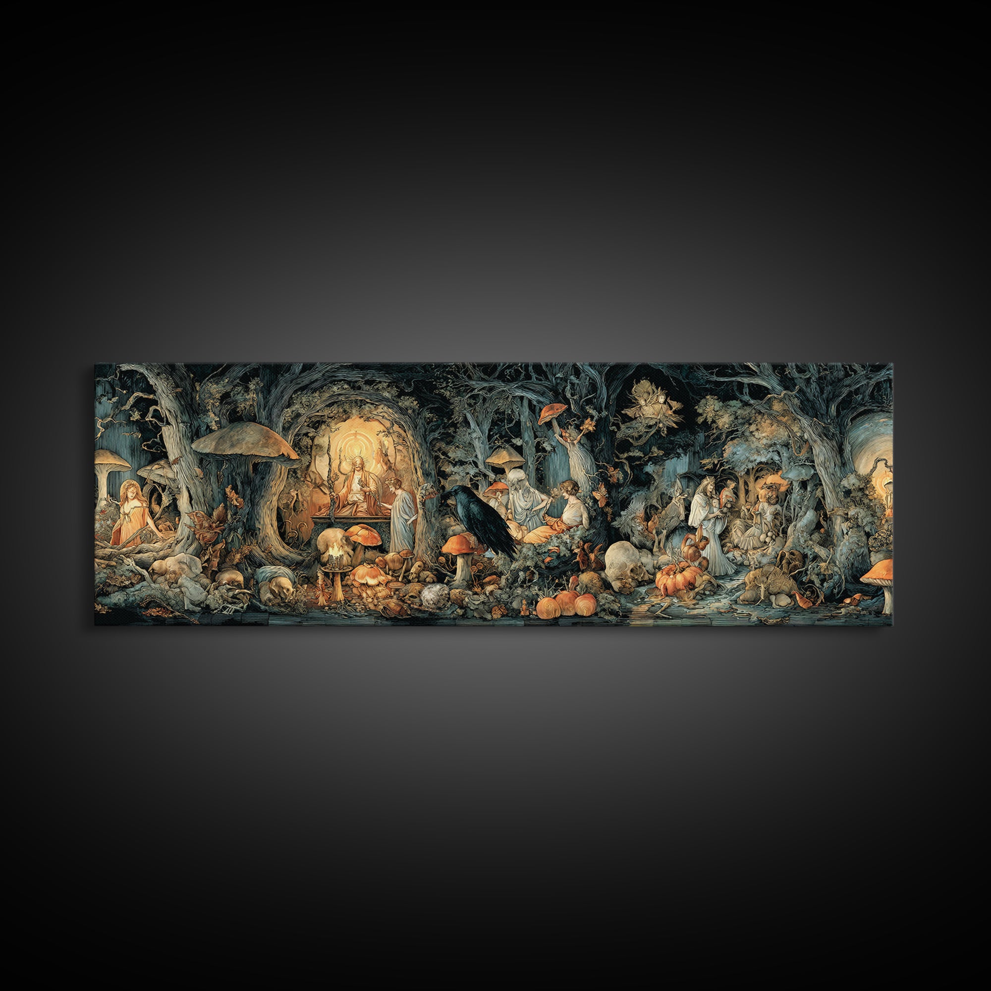 Enchanted Woodland Halloween, Dark Renaissance Art, Extra Wide Wall Art, Gothic Horror Wall Art, Canvas Print, Halloween Wall Art
