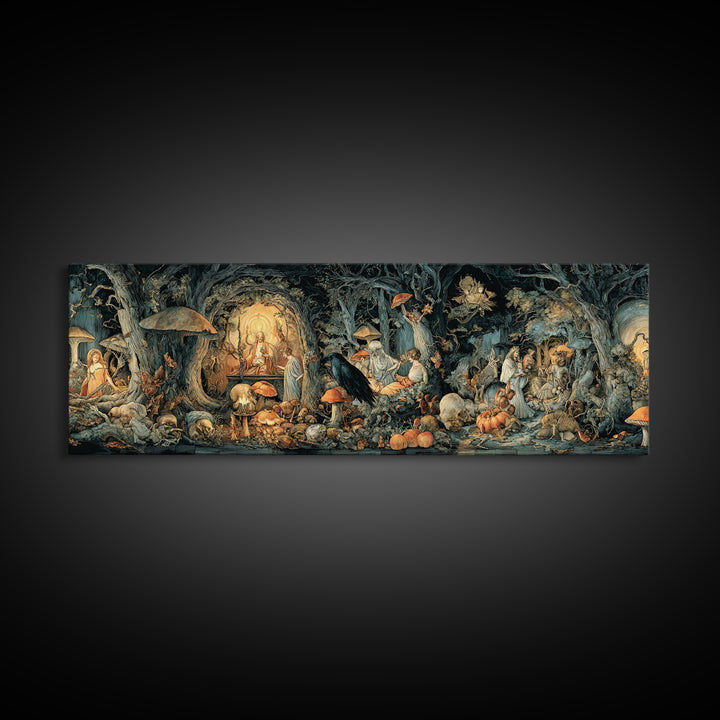 Enchanted Woodland Halloween, Dark Renaissance Art, Extra Wide Wall Art, Gothic Horror Wall Art, Canvas Print, Halloween Wall Art