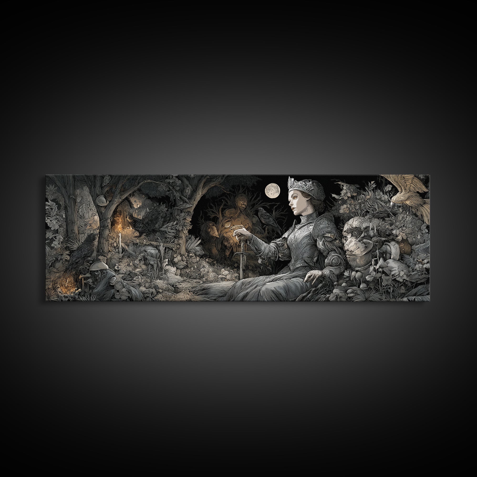 Enchanted Woodland Halloween, Renaissance Engraving Art, Extra Wide Wall Art, Gothic Horror Wall Art, Canvas Print, Halloween Wall Art