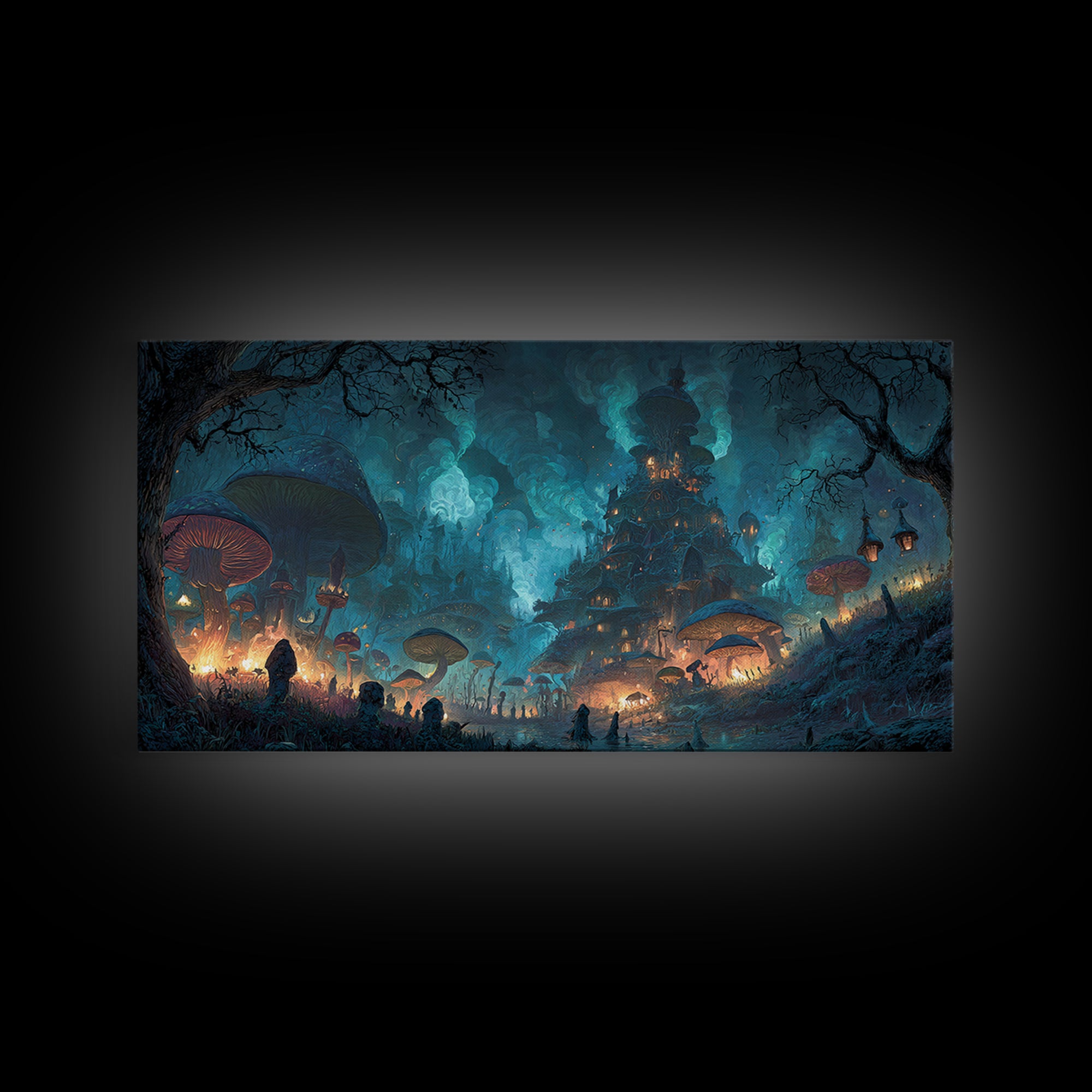 Enchanted Woodland Halloween, Apocalyptic Romantic Art, Wide Panoramic Art, Dark Halloween Decor, Framed Canvas Print, Halloween Wall Art