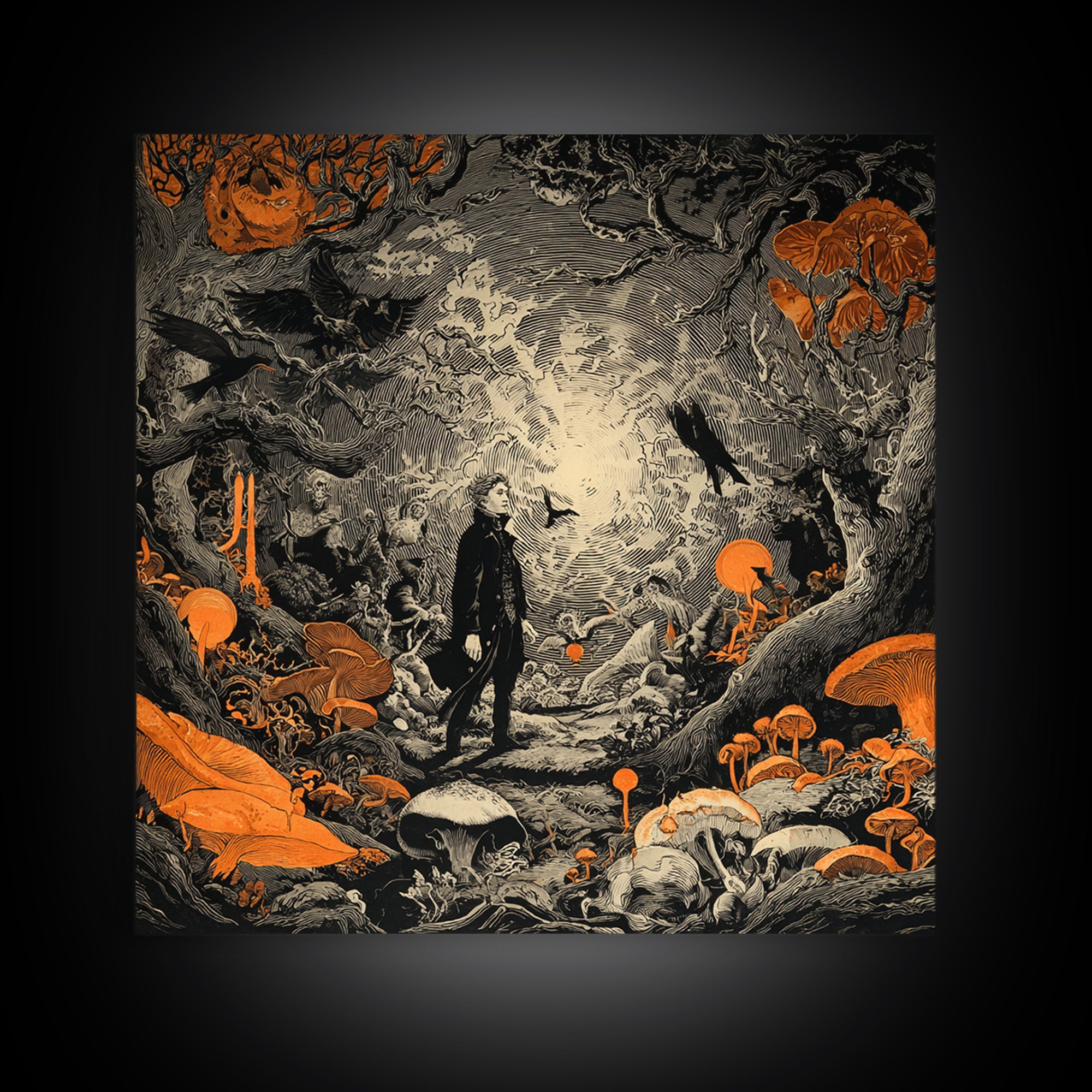 Enchanted Woodland Halloween, Symbolist Etching Art, Square Wall Art, Dark Fantasy Wall Art, Canvas Print, Halloween Wall Art