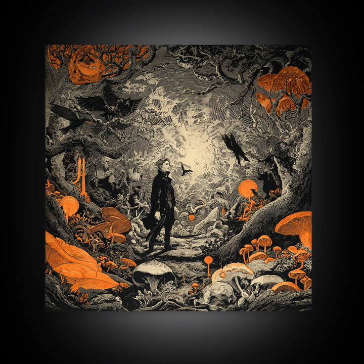Enchanted Woodland Halloween, Symbolist Etching Art, Square Wall Art, Dark Fantasy Wall Art, Canvas Print, Halloween Wall Art