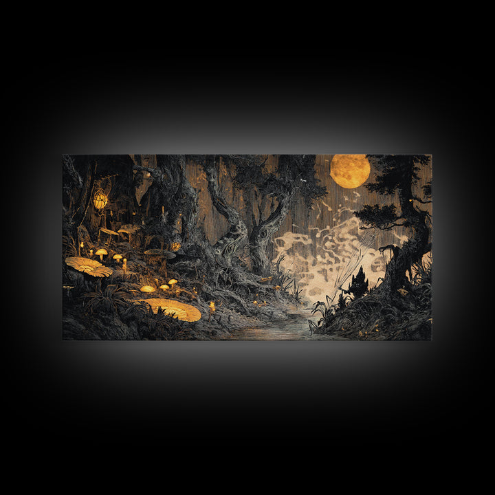 Enchanted Woodland Halloween, Expressionist Nightmare Art, Wide Panoramic Art, Dark Halloween Decor, Canvas Print, Halloween Wall Art