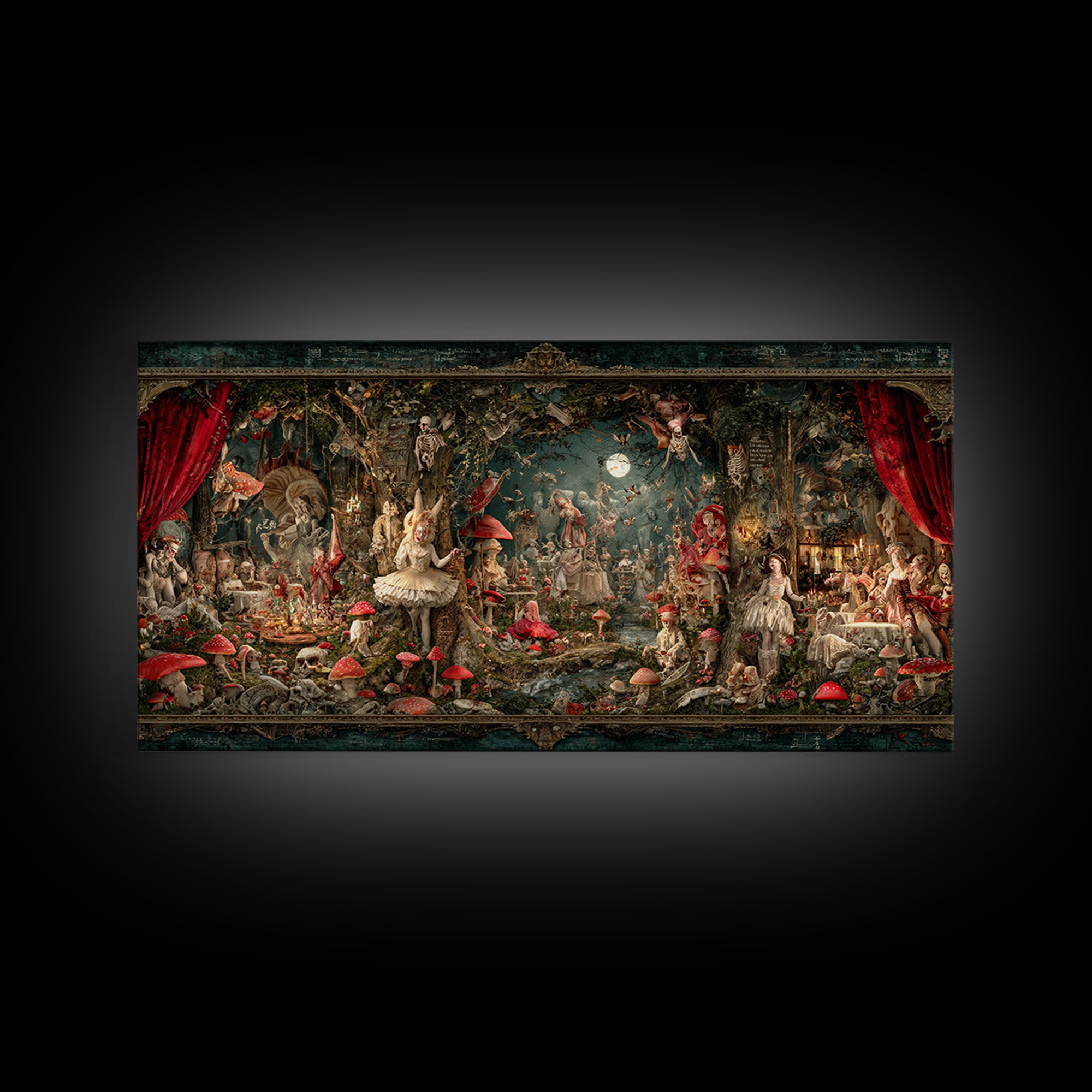 Enchanted Woodland Halloween, Grotesque Carnival Art, Wide Panoramic Art, Gothic Horror Wall Art, Framed Canvas Print, Halloween Wall Art