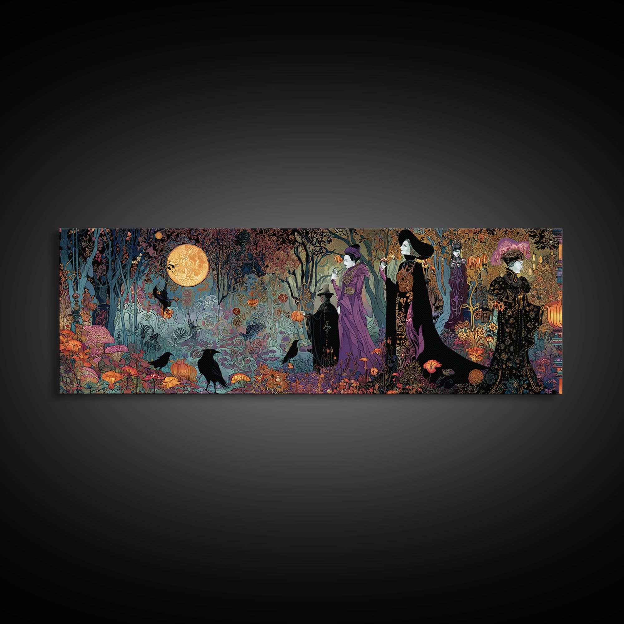 Enchanted Woodland Halloween, Stained Glass Gothic Art, Extra Wide Wall Art, Gothic Horror Wall Art, Canvas Print, Halloween Wall Art