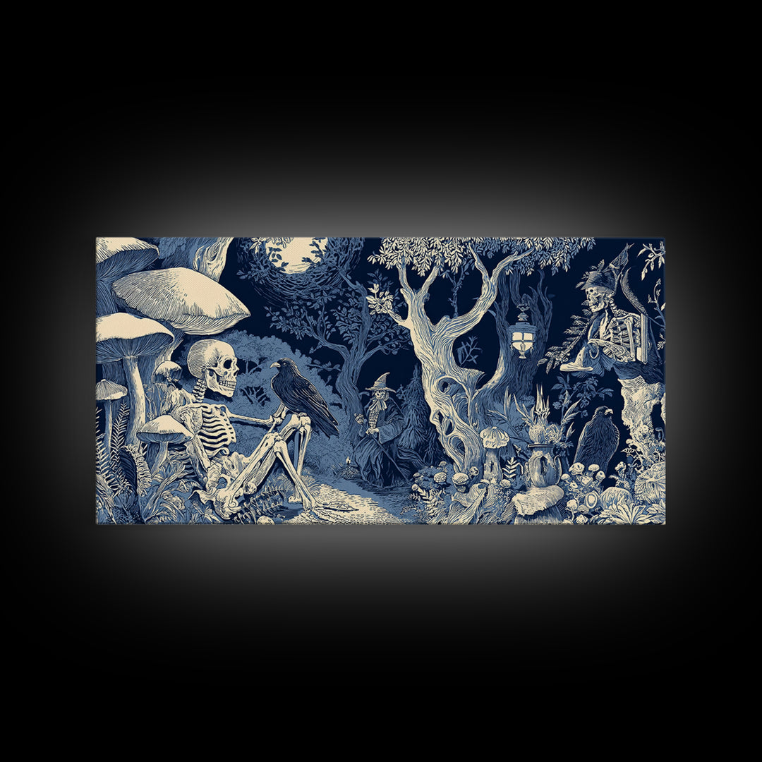 Enchanted Woodland Halloween, Macabre Folk Print Art, Wide Panoramic Art, Dark Fantasy Wall Art, Canvas Print, Horror Wall Art