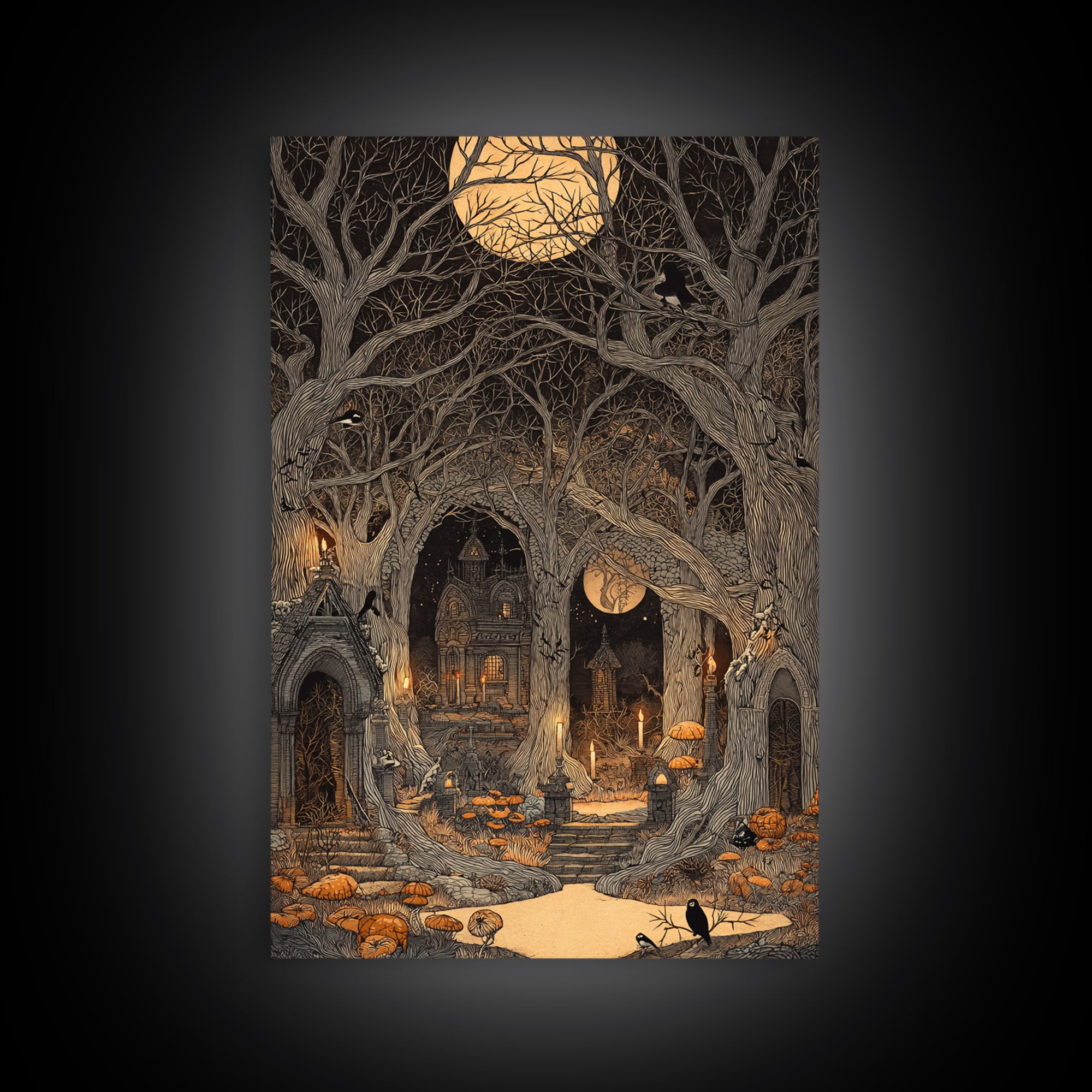 Enchanted Woodland Halloween, Victorian Macabre Art, Vertical Wall Art, Dark Fantasy Wall Art, Framed Canvas Print, Halloween Wall Art