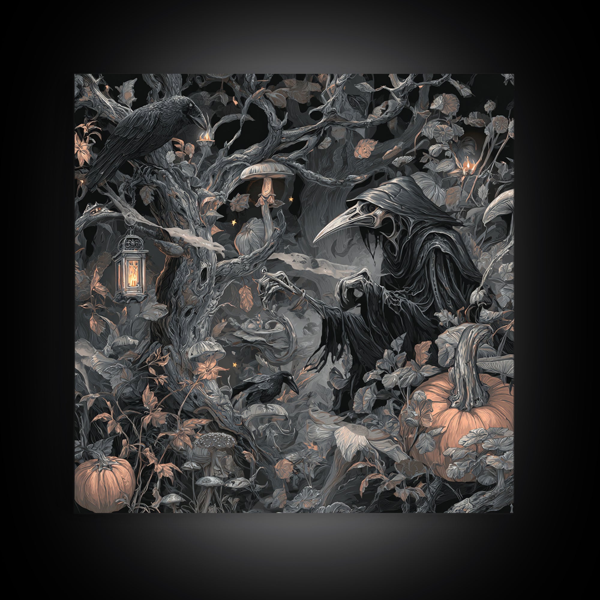 Enchanted Woodland Halloween, Biomechanical Horror Art, Square Wall Art, Dark Fantasy Wall Art, Framed Canvas Print, Halloween Wall Art