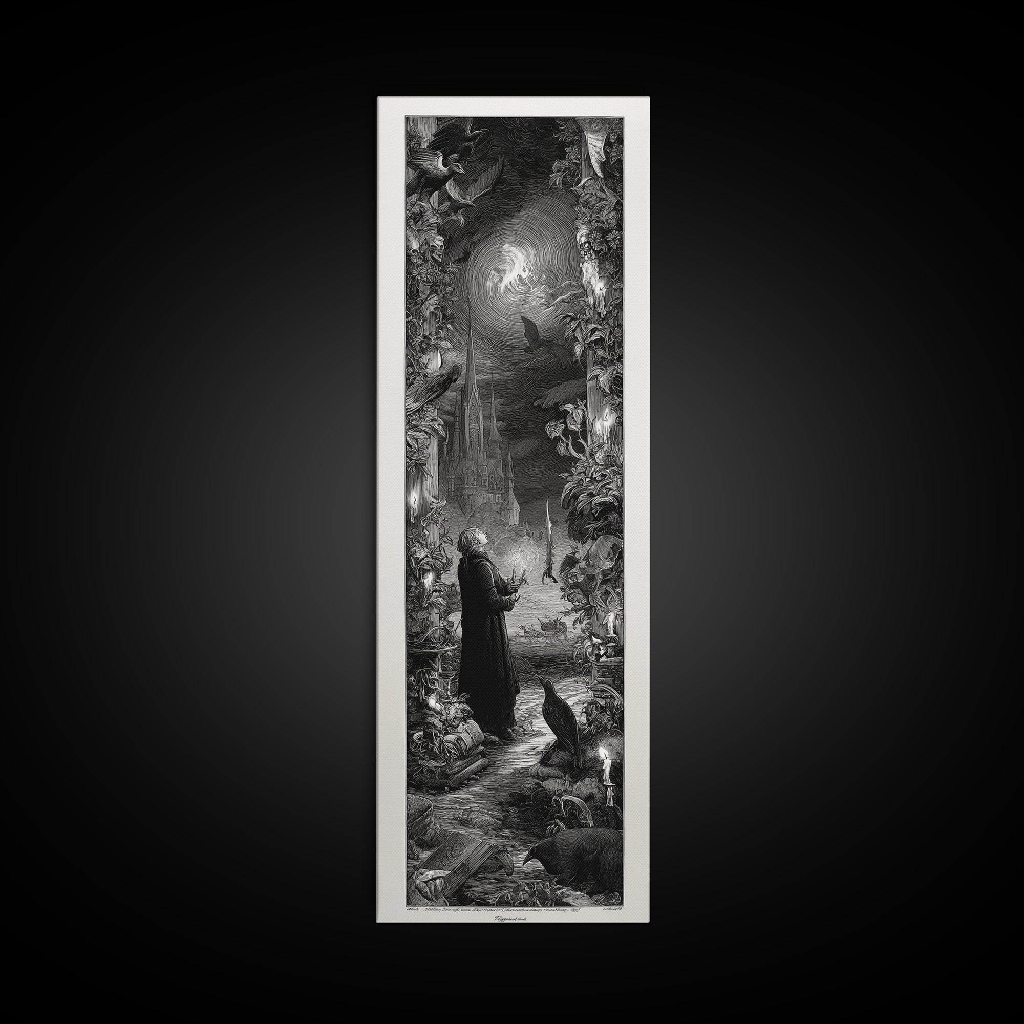 Gothic Romance, Gothic Engraving Art, Tall Narrow Wall Art, Dark Halloween Decor, Framed Canvas Print, Halloween Wall Art