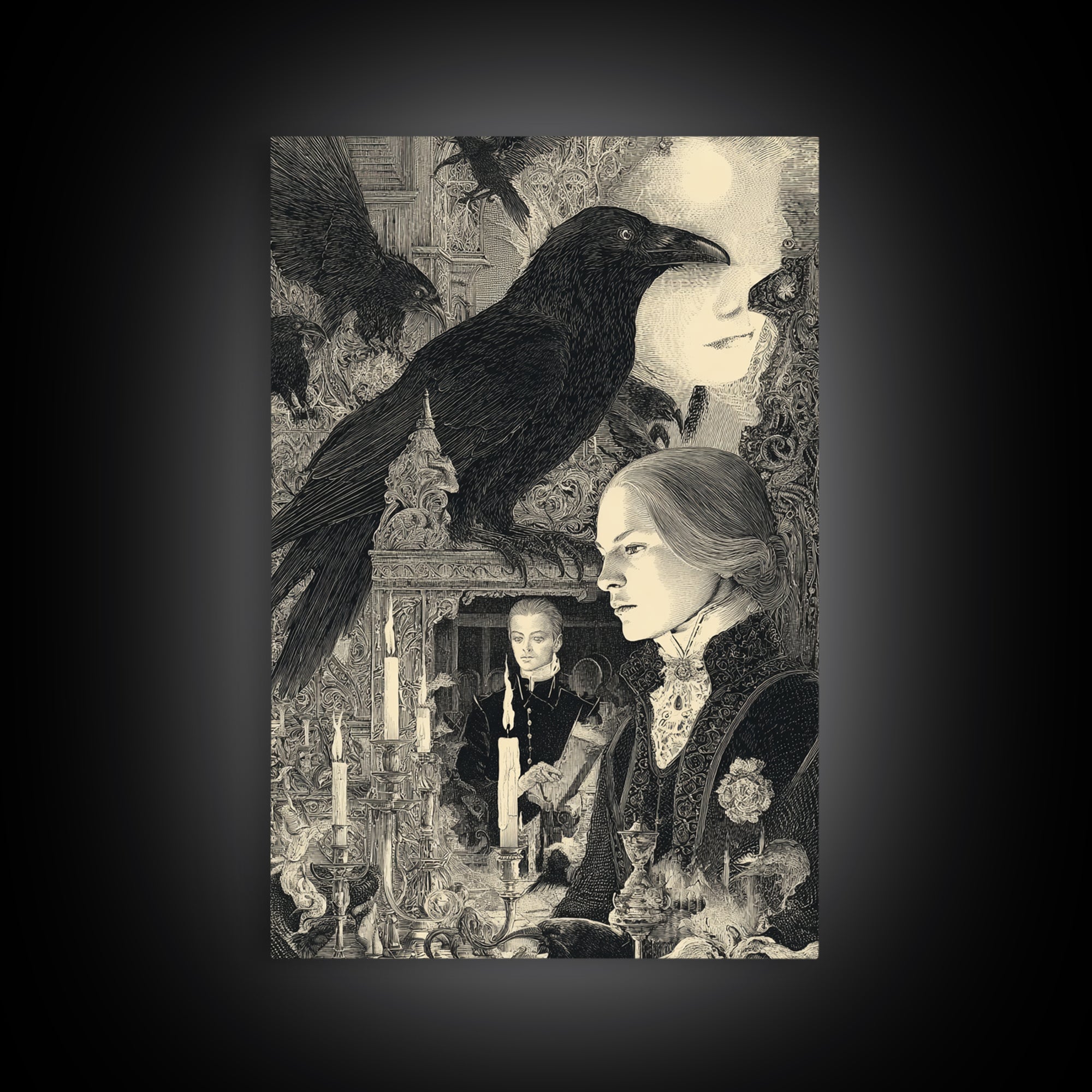 Gothic Romance, Symbolist Etching Art, Vertical Wall Art, Macabre Wall Art, Canvas Print, Halloween Wall Art, Spooky Wall Decor