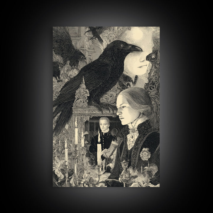 Gothic Romance, Symbolist Etching Art, Vertical Wall Art, Macabre Wall Art, Canvas Print, Halloween Wall Art, Spooky Wall Decor