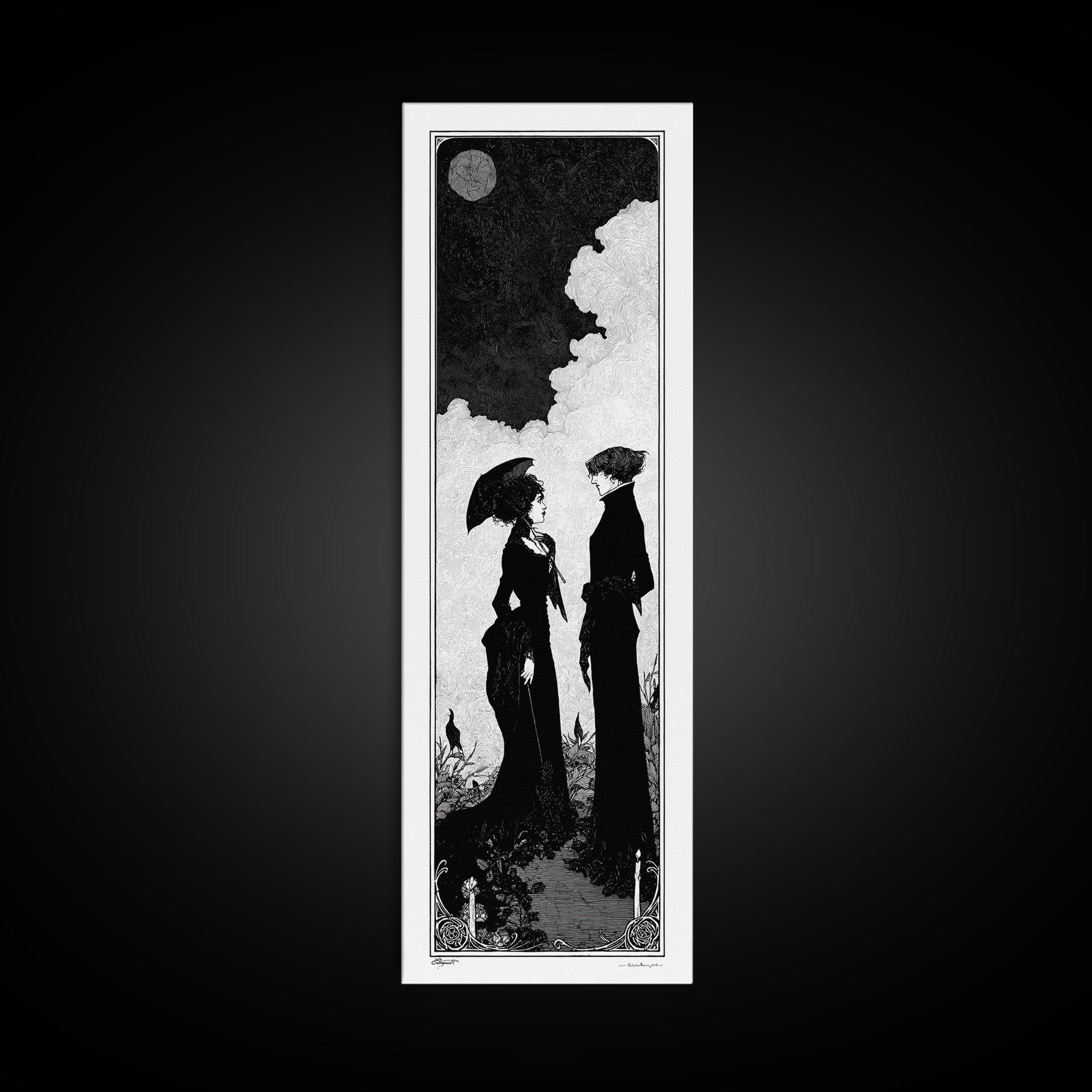 Gothic Romance, Decadent Line Art, Tall Narrow Wall Art, Dark Fantasy Wall Art, Framed Canvas Print, Halloween Wall Art