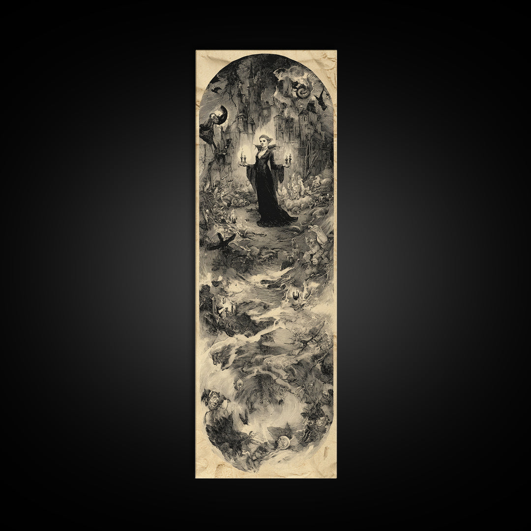 Gothic Romance, Gothic Storybook Art, Tall Narrow Wall Art, Dark Halloween Decor, Framed Canvas Print, Halloween Wall Art