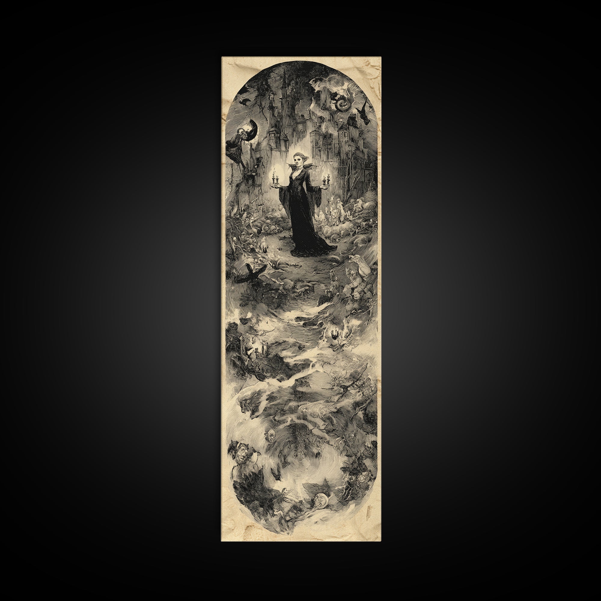 Gothic Romance, Gothic Storybook Art, Tall Narrow Wall Art, Dark Halloween Decor, Framed Canvas Print, Halloween Wall Art
