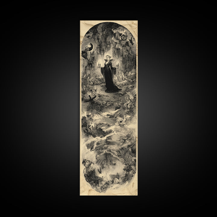 Gothic Romance, Gothic Storybook Art, Tall Narrow Wall Art, Dark Halloween Decor, Framed Canvas Print, Halloween Wall Art