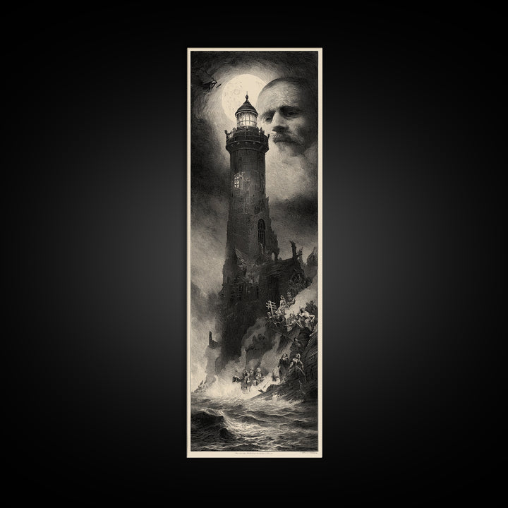Haunted Seaside Halloween, Gothic Engraving Art, Tall Narrow Wall Art, Macabre Wall Art, Framed Canvas Print, Halloween Wall Art