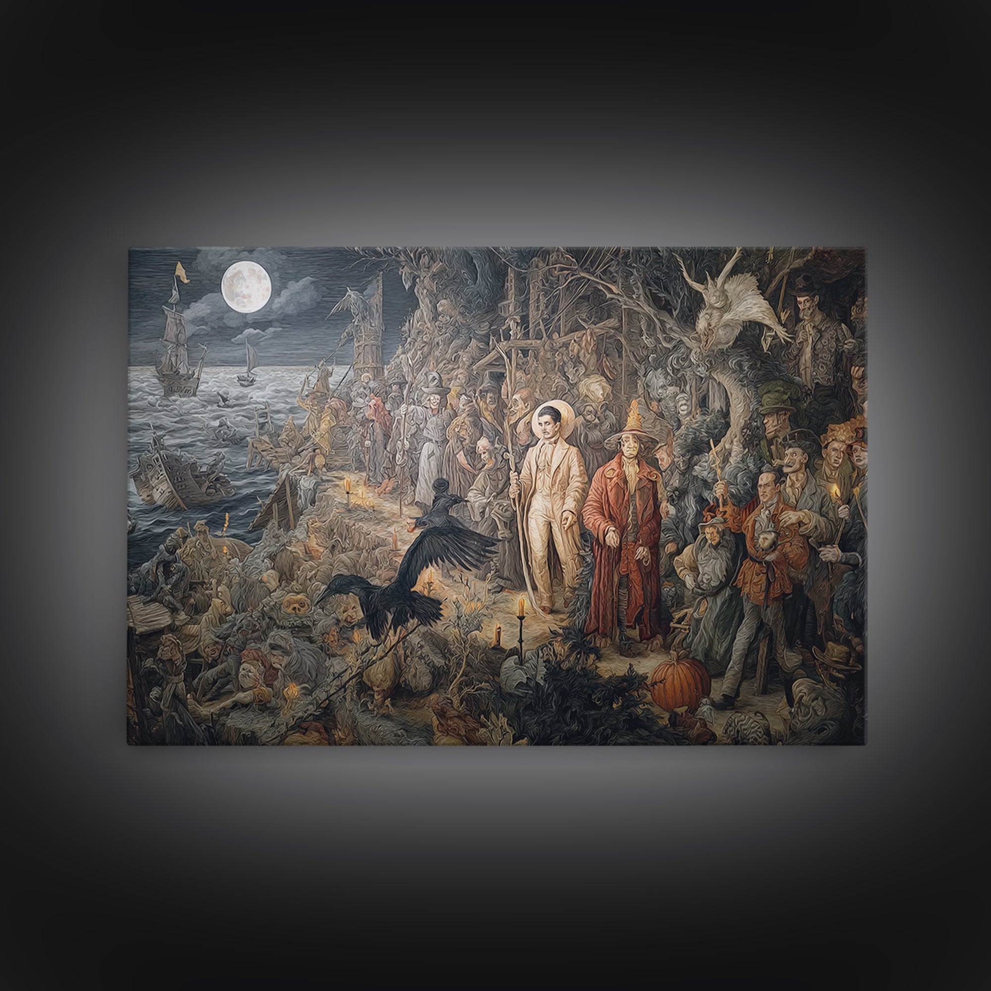 Haunted Seaside Halloween, Medieval Grotesque Art, Landscape Wall Art, Macabre Wall Art, Framed Canvas Print, Halloween Wall Art