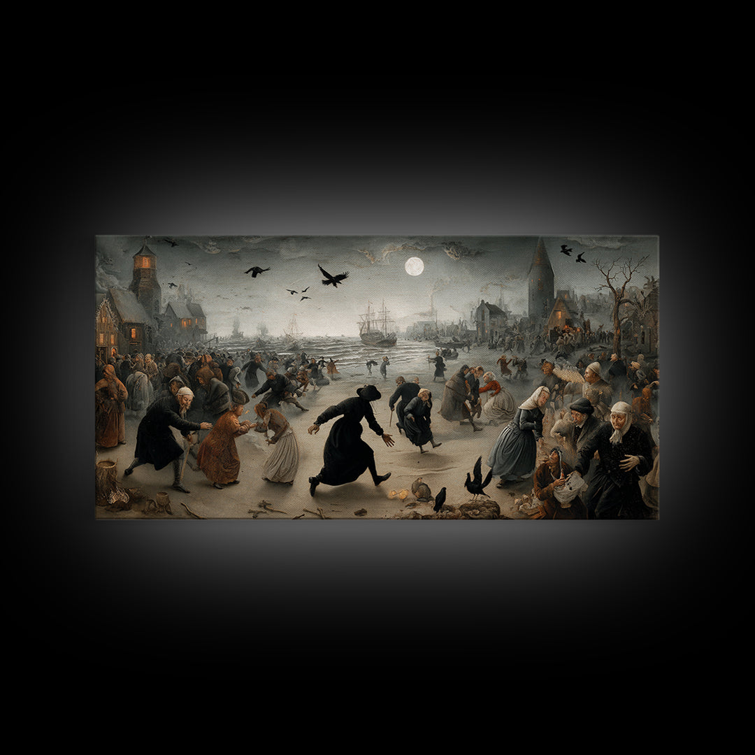 Haunted Seaside Halloween, Northern Renaissance Horror, Wide Panoramic Art, Gothic Horror Wall Art, Framed Canvas Print