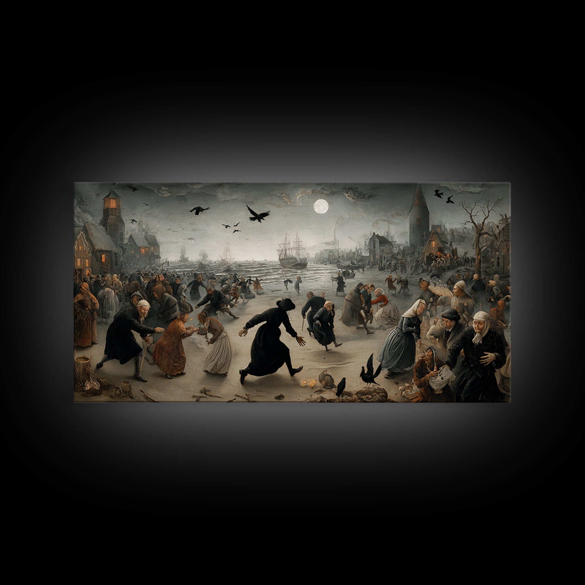 Haunted Seaside Halloween, Northern Renaissance Horror, Wide Panoramic Art, Gothic Horror Wall Art, Framed Canvas Print