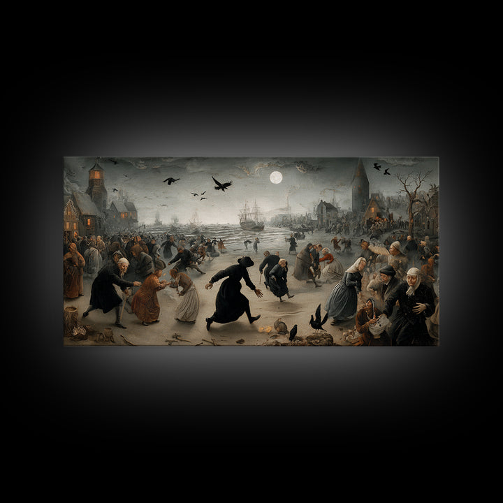 Haunted Seaside Halloween, Northern Renaissance Horror, Wide Panoramic Art, Gothic Horror Wall Art, Framed Canvas Print