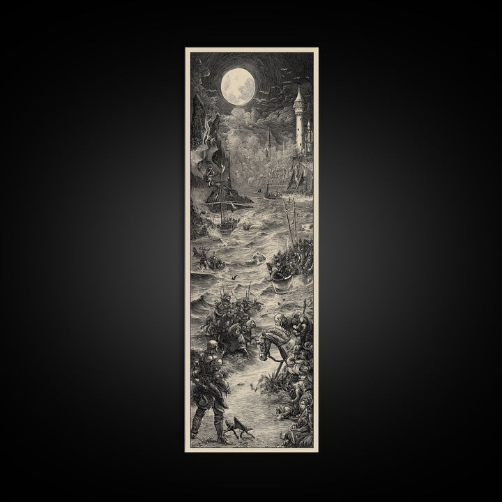 Haunted Seaside Halloween, Renaissance Engraving Art, Tall Narrow Wall Art, Dark Fantasy Wall Art, Framed Canvas Print, Halloween Wall Art