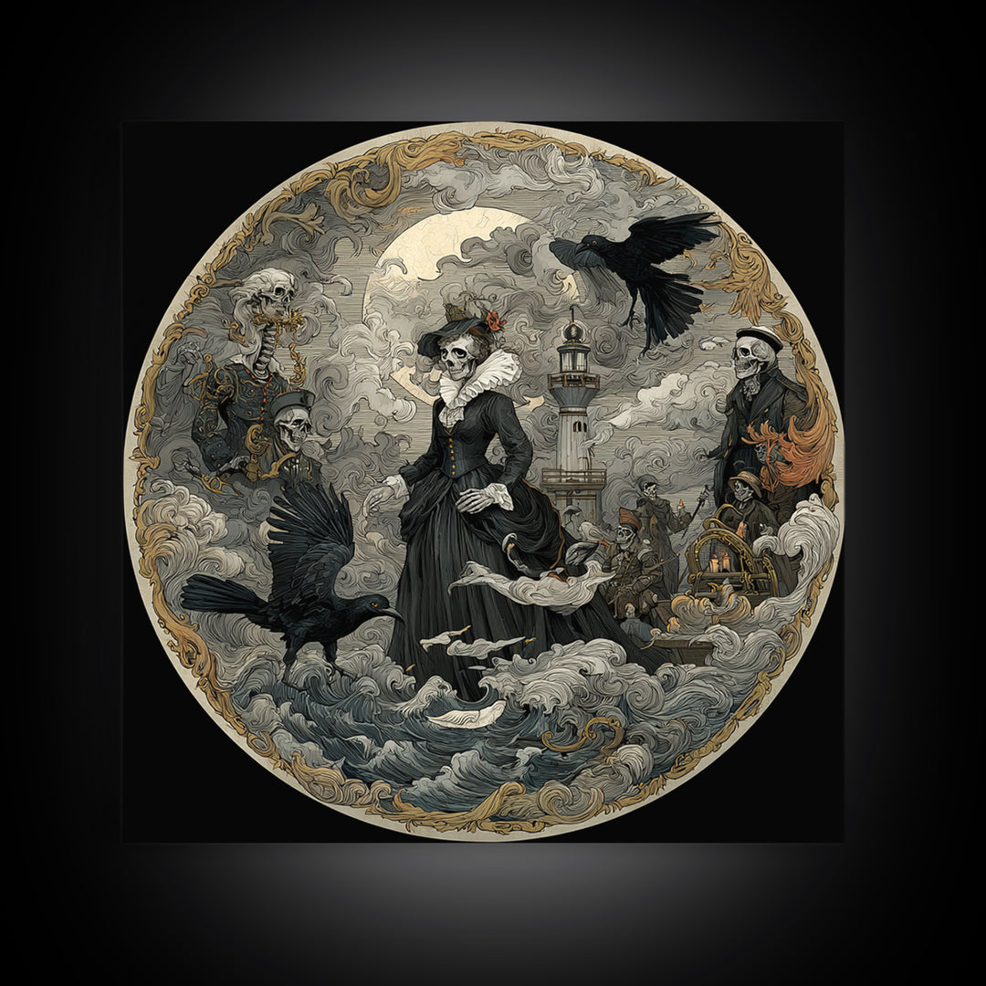 Haunted Seaside Halloween, Danse Macabre Art, Square Wall Art, Macabre Wall Art, Canvas Print, Halloween Wall Art