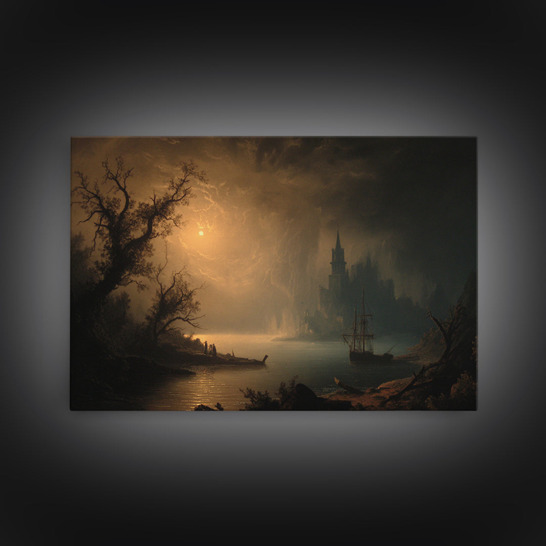 Haunted Seaside Halloween, Baroque Witchcraft Art, Landscape Wall Art, Gothic Horror Wall Art, Framed Canvas Print, Halloween Wall Art