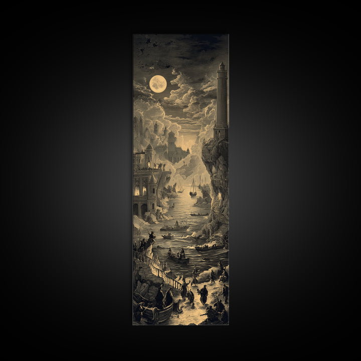 Haunted Seaside Halloween, Architectural Etching Art, Tall Narrow Wall Art, Gothic Horror Wall Art, Framed Canvas Print
