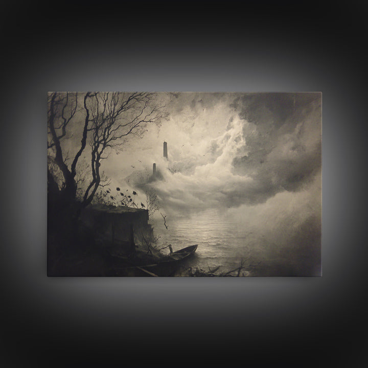 Haunted Seaside Halloween, Symbolist Dream Art, Landscape Wall Art, Dark Fantasy Wall Art, Framed Canvas Print, Halloween Wall Art
