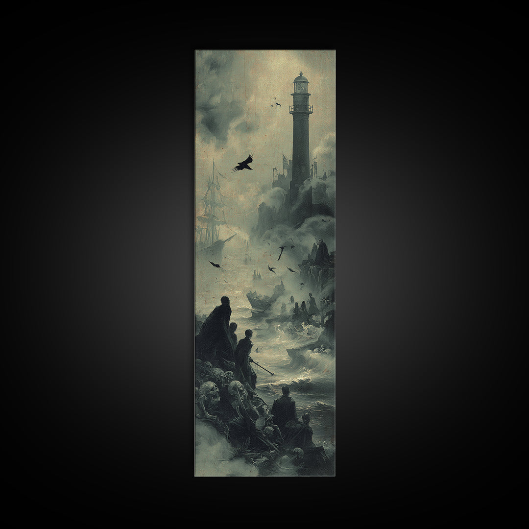 Haunted Seaside Halloween, Decadent Gothic Art, Tall Narrow Wall Art, Macabre Wall Art, Framed Canvas Print, Halloween Wall Art