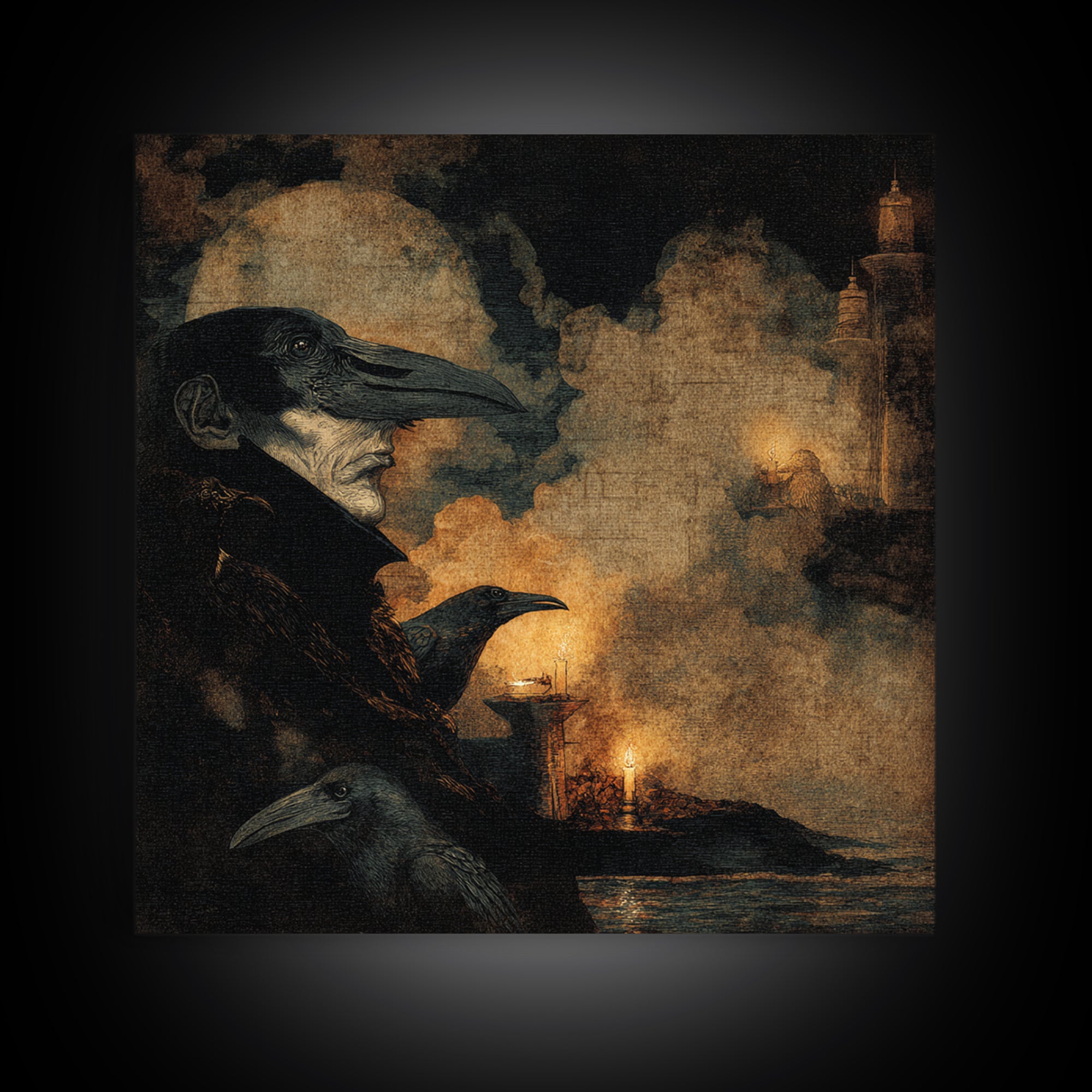 Haunted Seaside Halloween, Dark Symbolist Art, Square Wall Art, Gothic Horror Wall Art, Framed Canvas Print, Halloween Wall Art