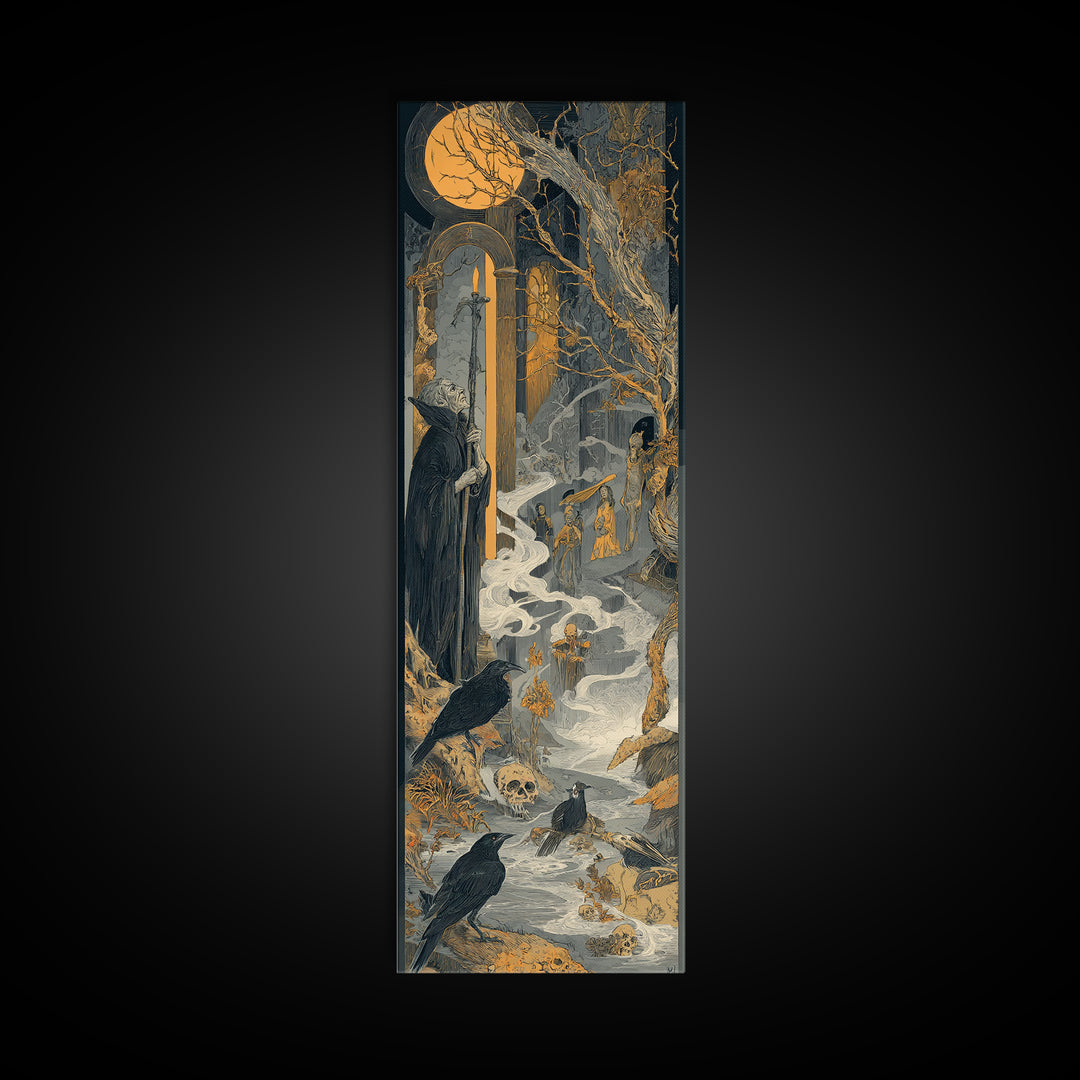 Haunted Seaside Halloween, Symbolist Etching Art, Tall Narrow Wall Art, Dark Halloween Decor, Framed Canvas Print, Halloween Wall Art