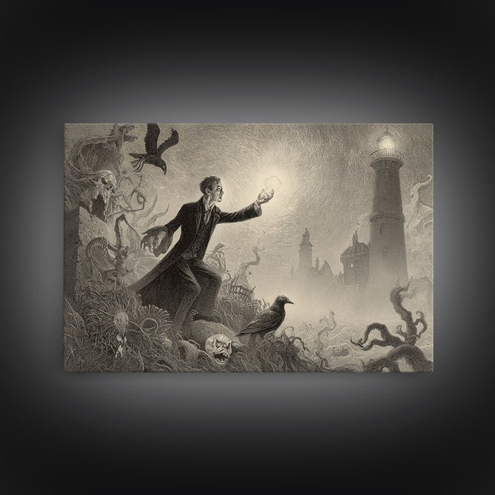 Haunted Seaside Halloween, Expressionist Nightmare Art, Landscape Wall Art, Dark Fantasy Wall Art, Framed Canvas Print, Halloween Wall Art