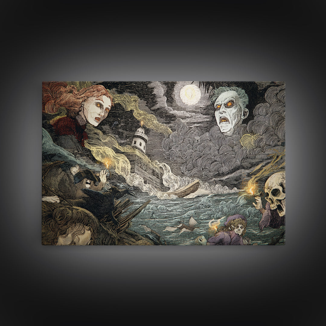 Haunted Seaside Halloween, Expressionist Gothic Art, Landscape Wall Art, Macabre Wall Art, Canvas Print, Halloween Wall Art