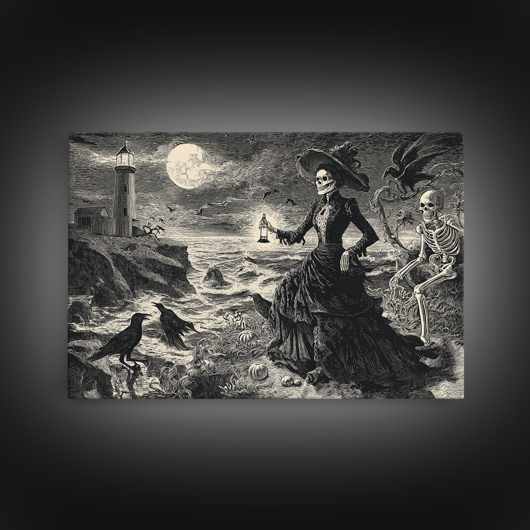 Haunted Seaside Halloween, Macabre Folk Print Art, Landscape Wall Art, Dark Halloween Decor, Framed Canvas Print
