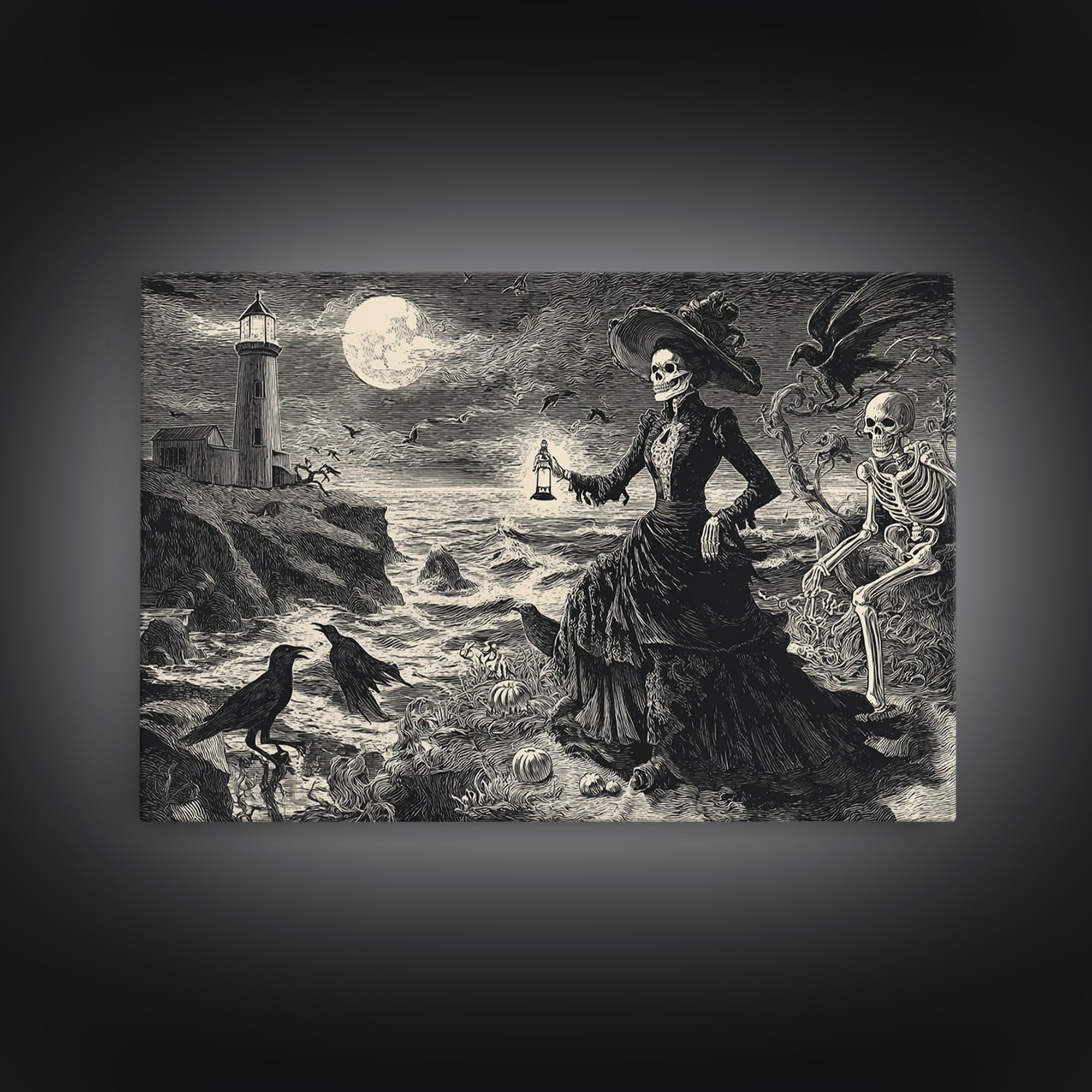 Haunted Seaside Halloween, Macabre Folk Print Art, Landscape Wall Art, Dark Halloween Decor, Framed Canvas Print