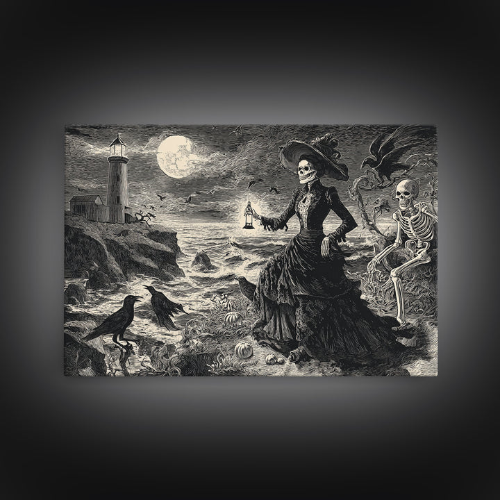 Haunted Seaside Halloween, Macabre Folk Print Art, Landscape Wall Art, Dark Halloween Decor, Framed Canvas Print