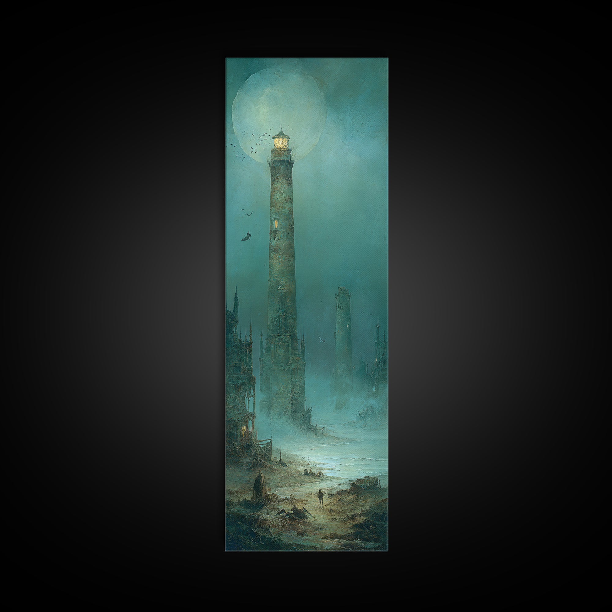 Haunted Seaside Halloween, Surreal Apocalyptic Art, Tall Narrow Wall Art, Macabre Wall Art, Canvas Print, Halloween Wall Art