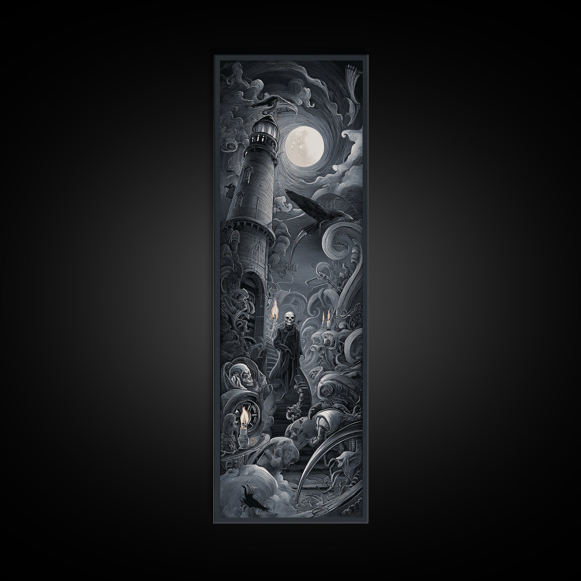 Haunted Seaside Halloween, Biomechanical Horror Art, Tall Narrow Wall Art, Dark Fantasy Wall Art, Canvas Print, Halloween Wall Art